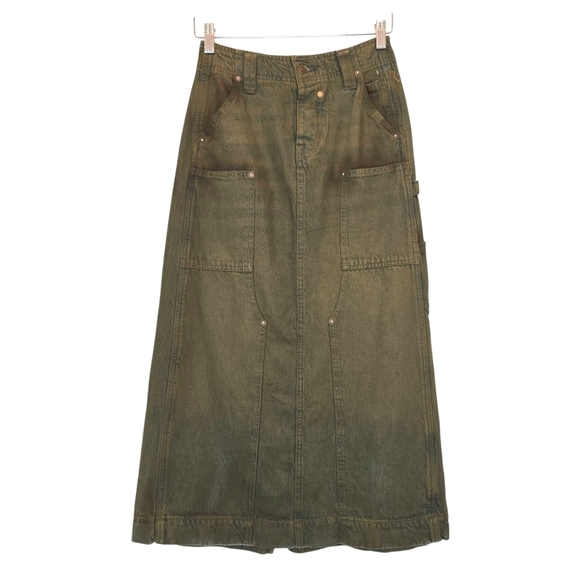 FREE PEOPLE Harmonica Coated Denim Maxi Skirt Green Cotton Utility Women's Sz 26 - Picture 2 of 11